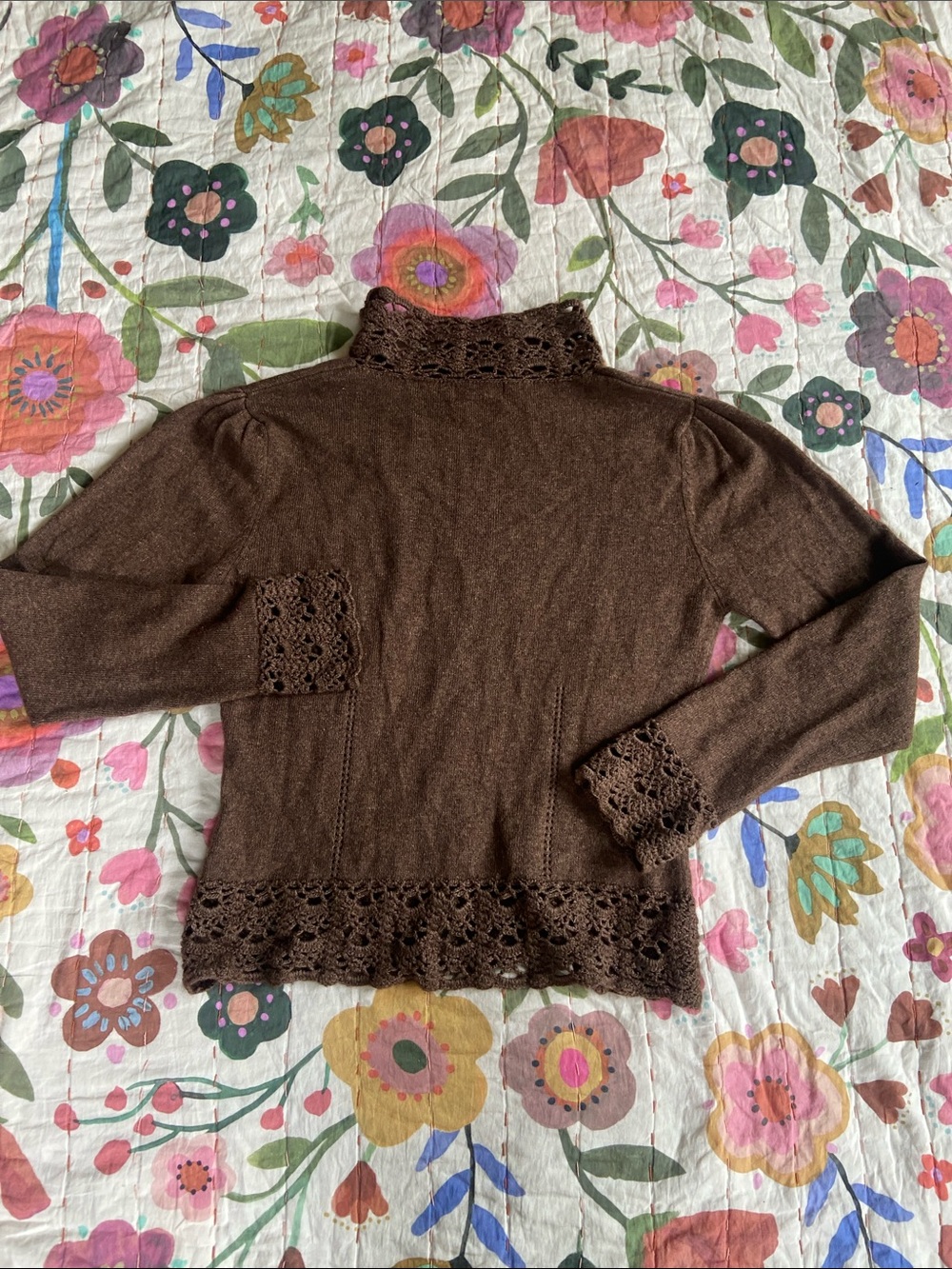 Vintage Y2k Chocolate Brown Lace-Trim Cashmere Sweater M - Picture 9 of 11